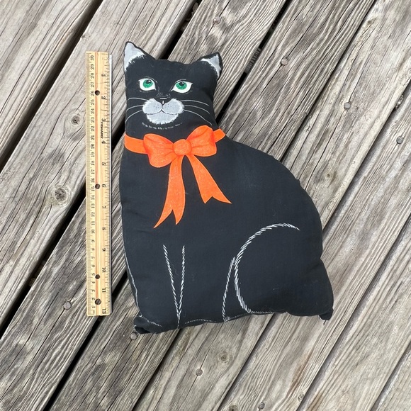Other - Vintage Halloween Black Cat Pillow with sparkly bow and green eyes